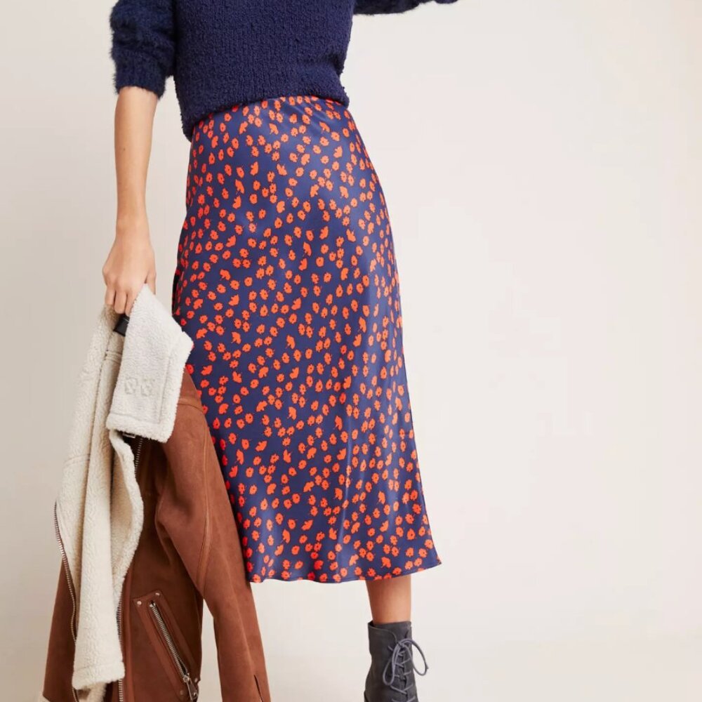 NWOT Anthropologie Maeve Evelyn Bias MIDI Blue Red Floral Tilda Spring Skirt